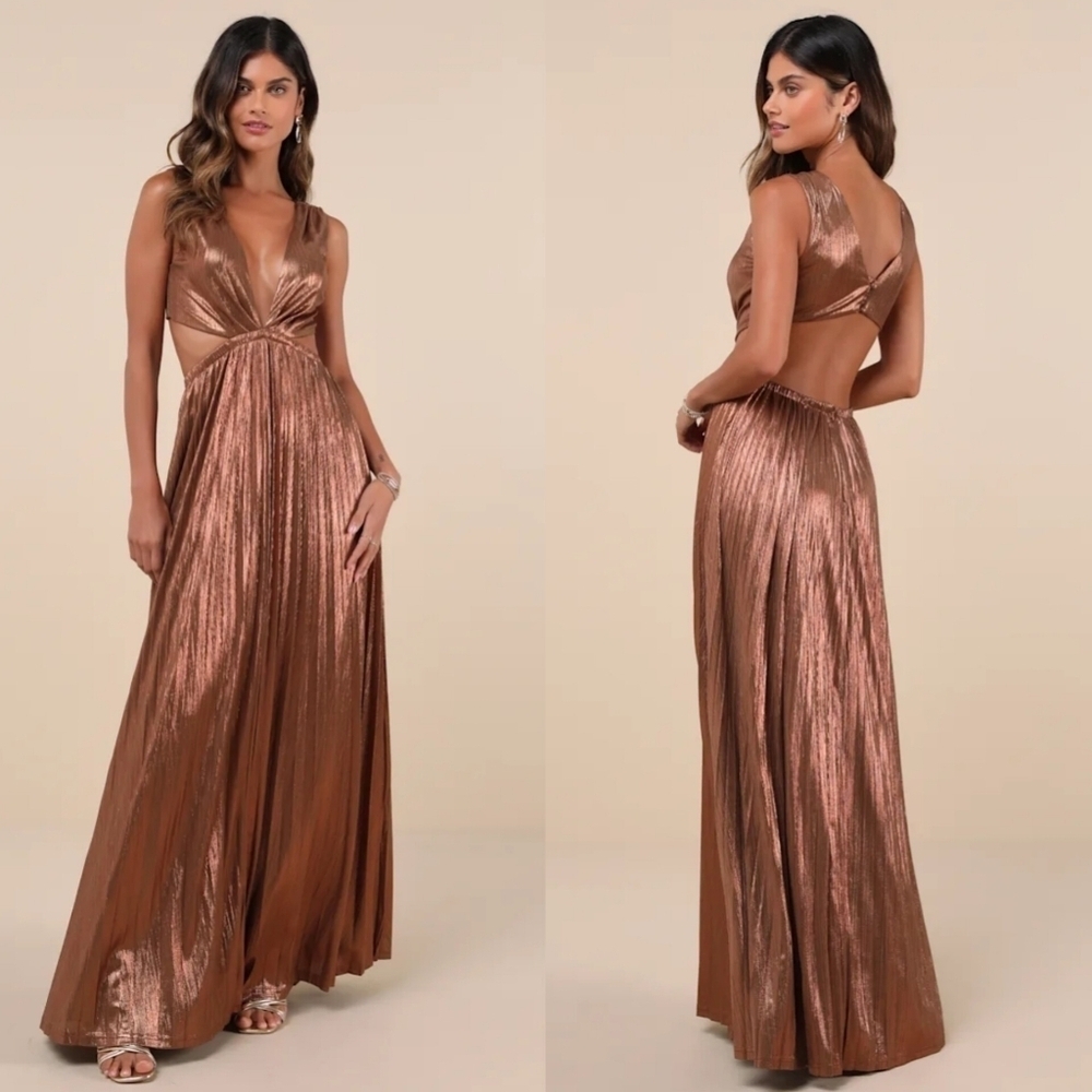 Lulus Shining Luxury Bronze Metallic Lurex Cutout Maxi Dress M Wedding Party